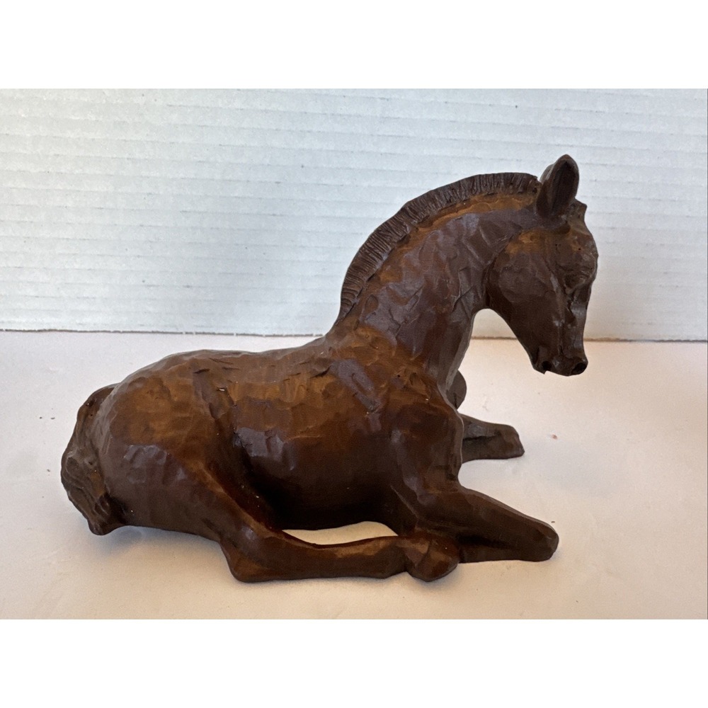 Horse Figurine Laying Down Brown Resin  5.5" x 4"